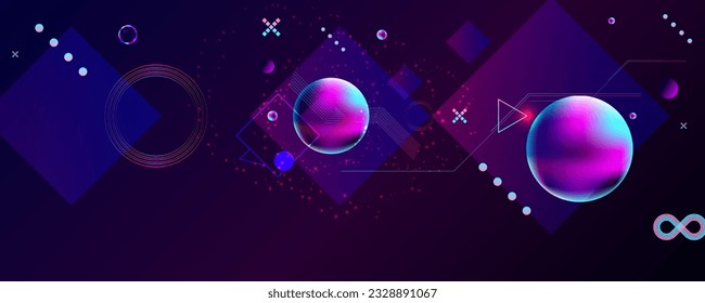 Dark retro futuristic cyberpunk elements abstraction background cosmos synthwave vaporwave retrowave glitch circle with blue and pink glows