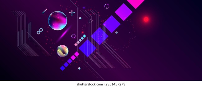 Dark retro futuristic cyberpunk elements abstraction background cosmos synthwave vaporwave retrowave glitch circle with blue and pink glows