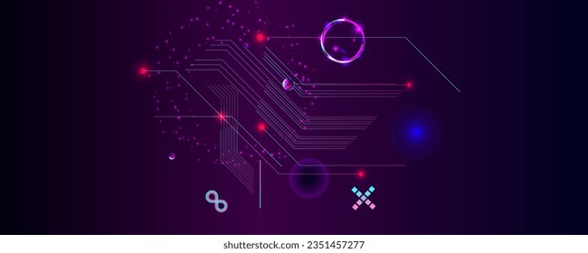 Dark retro futuristic cyberpunk elements abstraction background cosmos synthwave vaporwave retrowave glitch circle with blue and pink glows