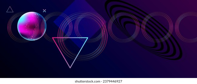 Dark retro futuristic cyberpunk elements abstraction background cosmos synthwave vaporwave retrowave glitch circle with blue and pink glows