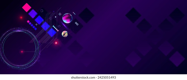 Dark retro futuristic cyberpunk elements abstraction background cosmos synthwave vaporwave retrowave glitch circle with blue and pink glows