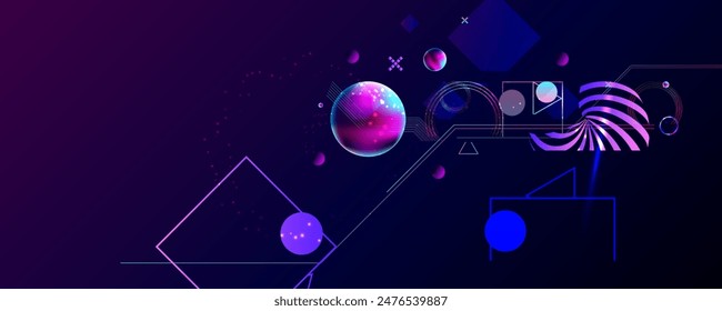 Dark retro futuristic cyberpunk elements abstraction background cosmos synthwave vaporwave retrowave glitch circle with blue and pink glows	