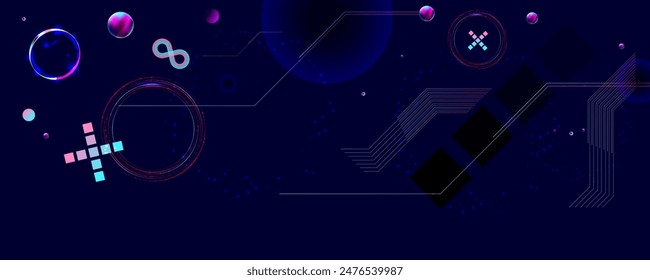 Dark retro futuristic cyberpunk elements abstraction background cosmos synthwave vaporwave retrowave glitch circle with blue and pink glows