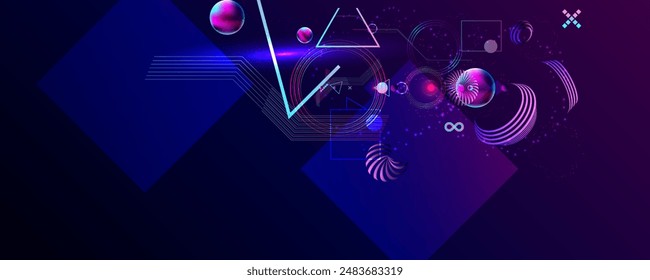 Dark retro futuristic cyberpunk elements abstraction background cosmos synthwave vaporwave retrowave glitch circle with blue and pink glows