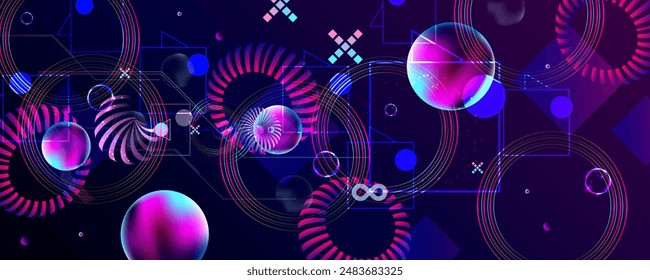 Dark retro futuristic cyberpunk elements abstraction background cosmos synthwave vaporwave retrowave glitch circle with blue and pink glows