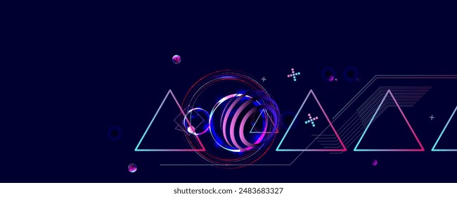 Dark retro futuristic cyberpunk elements abstraction background cosmos synthwave vaporwave retrowave glitch circle with blue and pink glows