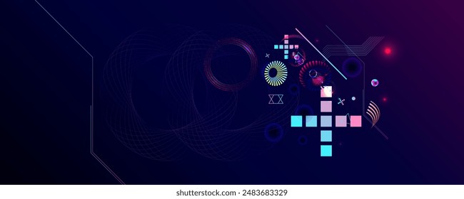 Dark Retro futuristische Cyberpunk Elemente Abstraktion Hintergrund Kosmos Synthwave Vaporwave Retrowave Glitch Circle mit Blau und Rosa Glows