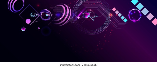 Dark retro futuristic cyberpunk elements abstraction background cosmos synthwave vaporwave retrowave glitch circle with blue and pink glows