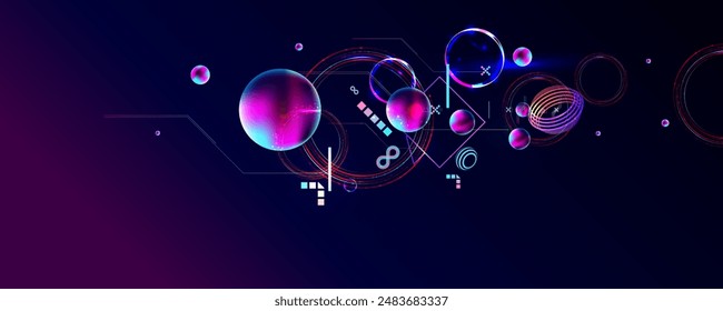 Dark retro futuristic cyberpunk elements abstraction background cosmos synthwave vaporwave retrowave glitch circle with blue and pink glows