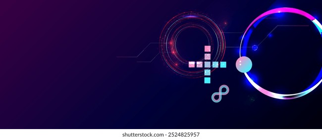 Dark retro futuristic cyberpunk elements abstraction background cosmos synthwave vaporwave retrowave glitch circle with blue and pink glows