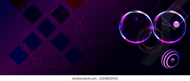 Círculo futurista retro oscuro del glitch de la retroonda del vaporwave del cosmos del fondo de la abstracción de los Elementos del cyberpunk con los resplandores azules y rosados