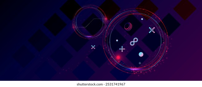 Dark retro futuristic cyberpunk elements abstraction background cosmos synthwave vaporwave retrowave glitch circle with blue and pink glows