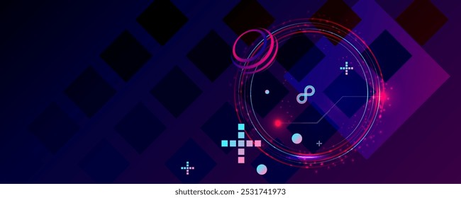 Círculo futurista retro oscuro del glitch de la retroonda del vaporwave del cosmos del fondo de la abstracción de los Elementos del cyberpunk con los resplandores azules y rosados