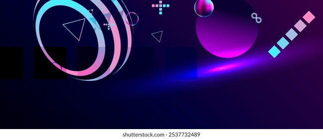 Dark retro futuristic cyberpunk elements abstraction background cosmos synthwave vaporwave retrowave glitch circle with blue and pink glows