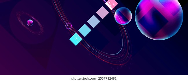 Dark retro futuristic cyberpunk elements abstraction background cosmos synthwave vaporwave retrowave glitch circle with blue and pink glows
