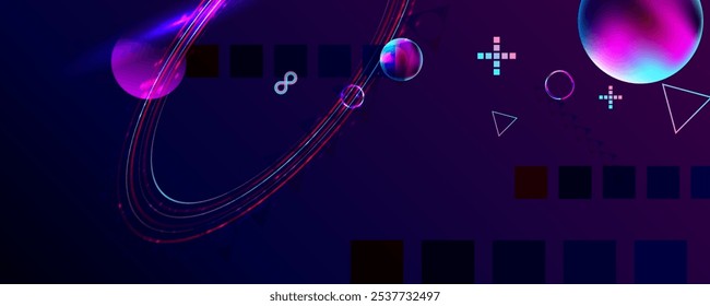 Círculo futurista retro oscuro del glitch de la retroonda del vaporwave del cosmos del fondo de la abstracción de los Elementos del cyberpunk con los resplandores azules y rosados