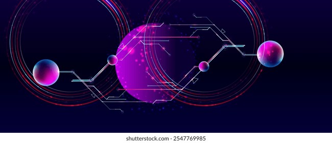 Dark retro futuristic cyberpunk elements abstraction background cosmos synthwave vaporwave retrowave glitch circle with blue and pink glows