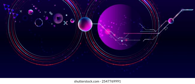 Círculo futurista retro oscuro del glitch de la retroonda del vaporwave del cosmos del fondo de la abstracción de los Elementos del cyberpunk con los resplandores azules y rosados