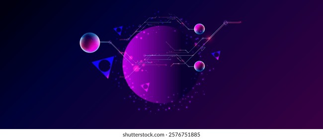 Dark retro futuristic cyberpunk elements abstraction background cosmos synthwave vaporwave retrowave glitch circle with blue and pink glows