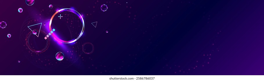 Dark retro futuristic cyberpunk elements abstraction background cosmos synthwave vaporwave retrowave glitch circle with blue and pink glows