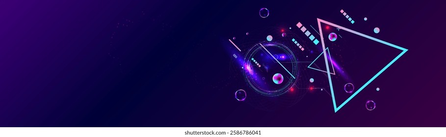 Dark retro futuristic cyberpunk elements abstraction background cosmos synthwave vaporwave retrowave glitch circle with blue and pink glows
