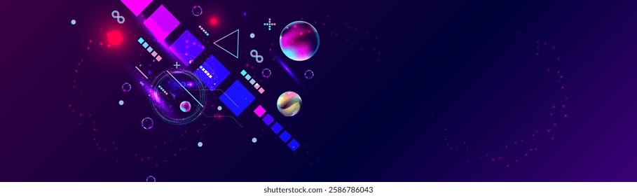 Dark retro futuristic cyberpunk elements abstraction background cosmos synthwave vaporwave retrowave glitch circle with blue and pink glows
