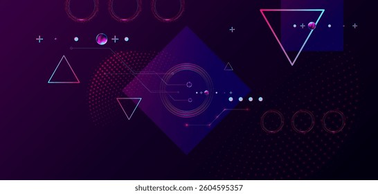 Dark retro futuristic cyberpunk elements abstraction background cosmos synthwave vaporwave retrowave glitch circle with blue and pink glows