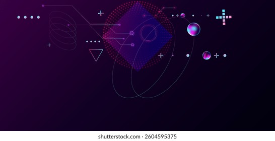 Dark retro futuristic cyberpunk elements abstraction background cosmos synthwave vaporwave retrowave glitch circle with blue and pink glows