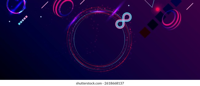Dark retro futuristic cyberpunk elements abstraction background cosmos synthwave vaporwave retrowave glitch circle with blue and pink glows