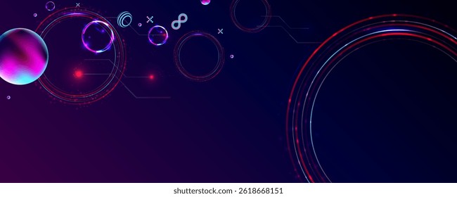 Dark retro futuristic cyberpunk elements abstraction background cosmos synthwave vaporwave retrowave glitch circle with blue and pink glows