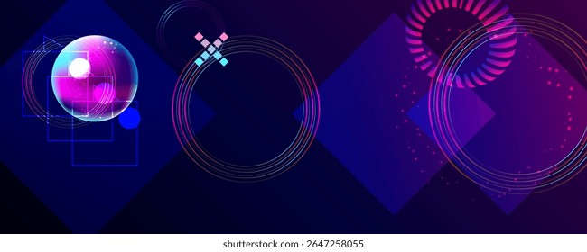 Dark retro futuristic cyberpunk elements abstraction background cosmos synthwave vaporwave retrowave glitch circle with blue and pink glows