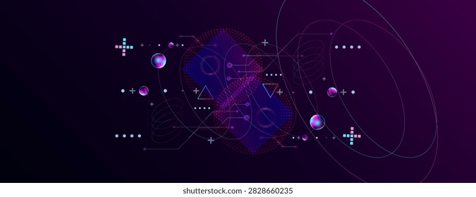 Dark retro futuristic cyberpunk elements abstraction background cosmos synthwave vaporwave retrowave glitch circle with blue and pink glows