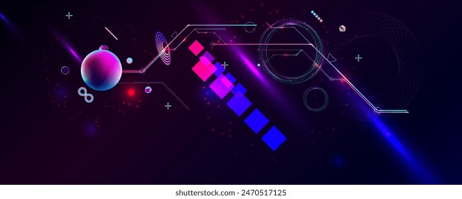 Dark retro futuristic In cyberpunk style elements abstraction background. Cosmos synthwave vaporwave retrowave glitch circle with blue and pink glow