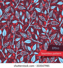 Dark Retro Leaves On Branches Seamless Pattern. Two layers of leaves.