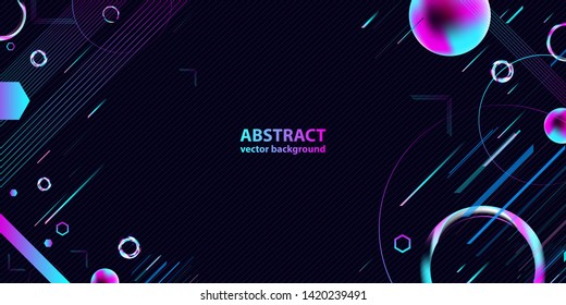 Dark retro lines abstraction background cosmos new art futuristic art neon 3d starry sky glowing galaxy and planets blue circles