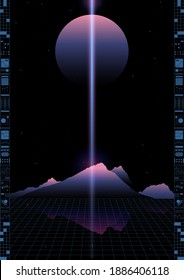 Dark retrowave - techno poster design template of space mountain view with cyber elements frame border, vintage vibe nature and space universe concept, tint pastel color, vaporwave feeling
