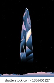 Dark retrowave - techno poster design template of big crystal stone and mountain view, vintage vibe nature and space universe concept, tint cool gradient mono color style