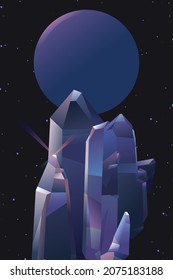 Dark retrowave - techno poster design template of big crystal stone and blue planet, vintage vibe nature and space universe concept, tint cool purple and blue gradient illustration