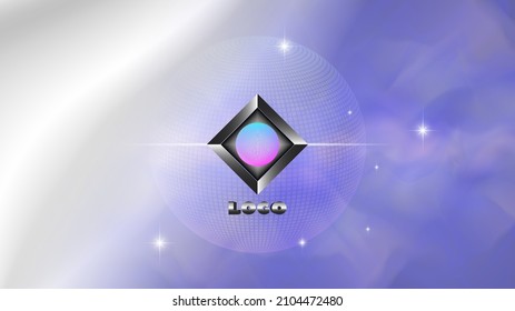 Rhombus oscuro con bordes, esfera en el centro, logo de la palabra en un fondo nublado de niebla clara abstracta con estrellas brillantes