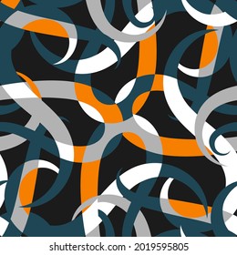 dark ribbon seamless pattern. overlapping white, azure, gray, orange, curved abstract shapes with wavy edges are randomly arranged against a black background. vector