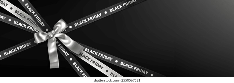 Dark ribbons decorated with Black Friday text joined by elegant silver bow at center. Realistic 3d tape with sale sign for seasonal promotion banner and upscale shopping events announcement.