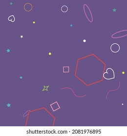 Dark Ring Orange Bright Green Hearts Geometrical Design. Red Multicolor Yellow Rectangle Pink Circle Blue Hipster Background. Polygonal Violet Colorful Lime Zigzag Purple Stars Illustration.