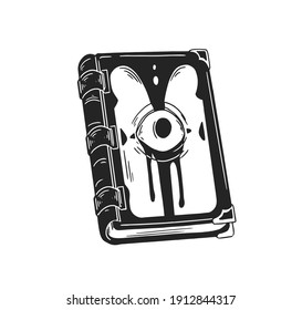 Dark ritual secret book for witchcraft with all-seing eye of god or demon on cover. Black and white flat vector illustration isolated on white background.