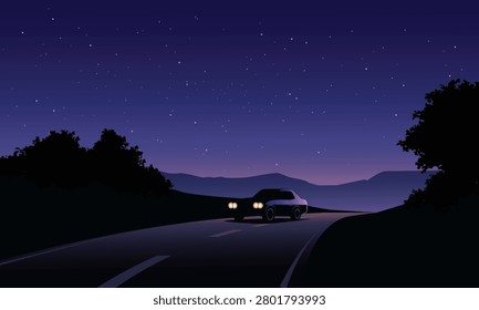 Dark road curves beneath star-filled night sky. Car's headlights pierce the quiet, solitary journey. Silhouetted trees frame the distant, hushed hills. Driver unseen, yet motion suggests calm pursuit