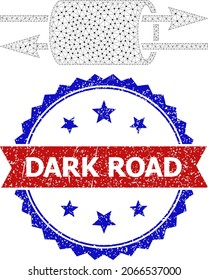 Dark Road scratched seal, and VPN pipe icon mesh structure. Red and blue bicolored seal has Dark Road tag inside ribbon and rosette. Abstract flat mesh VPN pipe, built from flat mesh.
