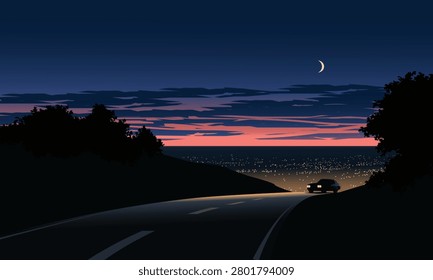 Dark road winds through hills under twilight sky. Car travels alone toward distant lights glowing softly. Crescent moon hangs high, casting quiet calm. Silhouettes of trees frame the scene with grace