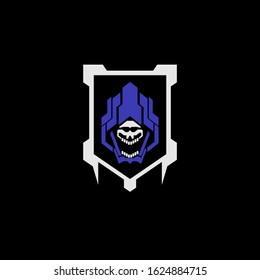 Dark robotic Grim Reaper in shield logo design template vector illustration