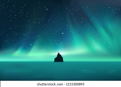 Roca oscura contra el paisaje de las luces del norte con estrellas, cielo estrellado con luces polares, montaña en niebla, ilustración vectorial