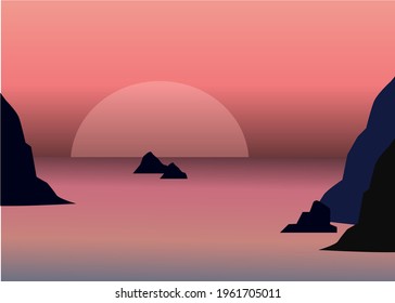 Dark rocks silhouettes on colorful tropical ocean sunset background, vector illustration. 