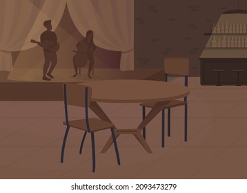 Dunkle und romantische Atmosphäre in Restaurant flach Farbe Vektorgrafik. Intimes Ambiente. Gemütliche Bar-Atmosphäre 2D Cartoine-Interieur mit Musiker Bühnenaufführung und Bar-Theke auf Hintergrund